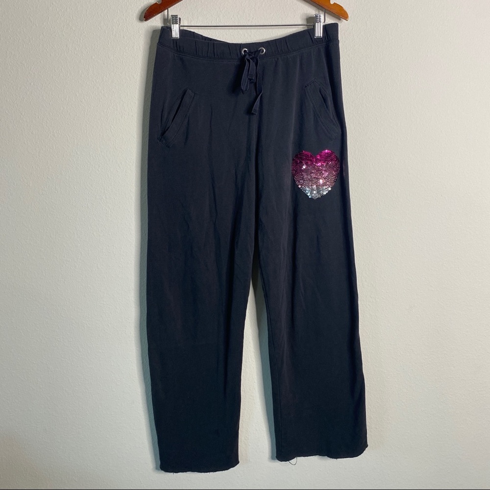 Vintage PINK Victoria's Secret Boyfriend Sweatpants L Black With Sequin Heart